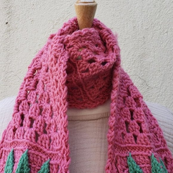 Vintage Pink Handknit Crochet Sunflower Pocket Mitten Scarf - Picture 5 of 5